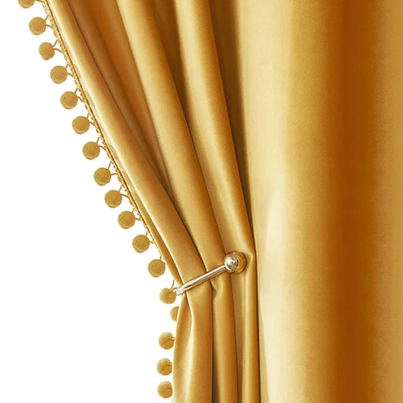 Miulee 63x52 Velvet Pom Pom Mustard Yellow Curtains Room Darkening Thermal Set 2 - Picture 2 of 10